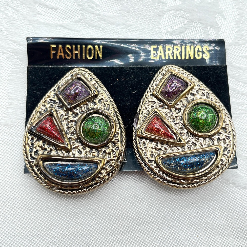 Vintage Gold Tone Teardrop Clip-On Earrings w/ Jewel-Toned Cabochons